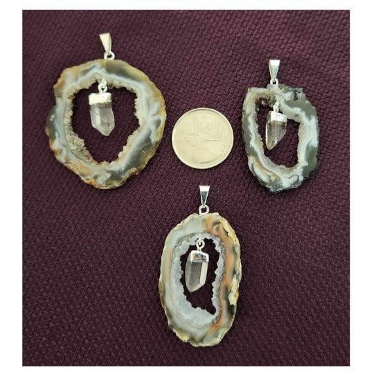 Agate Geode Slice with Quartz Pendant Sterling Silver