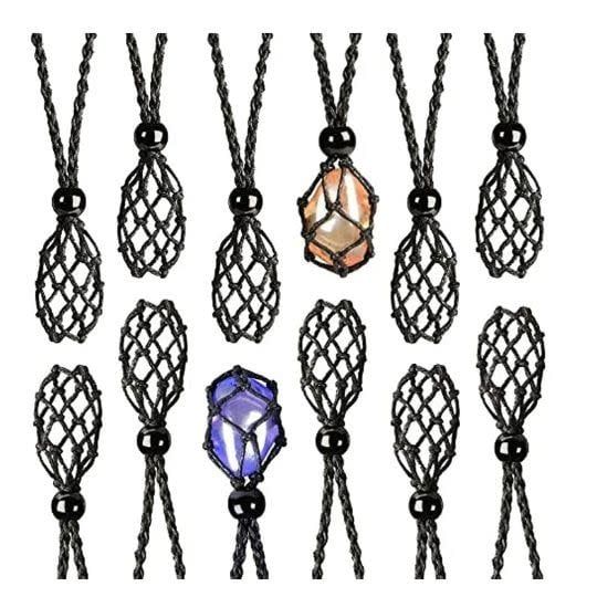 Macrame Crystal Cage Holder Necklace Black - Adjustable
