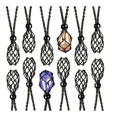 Macrame Crystal Cage Holder Necklace Black - Adjustable