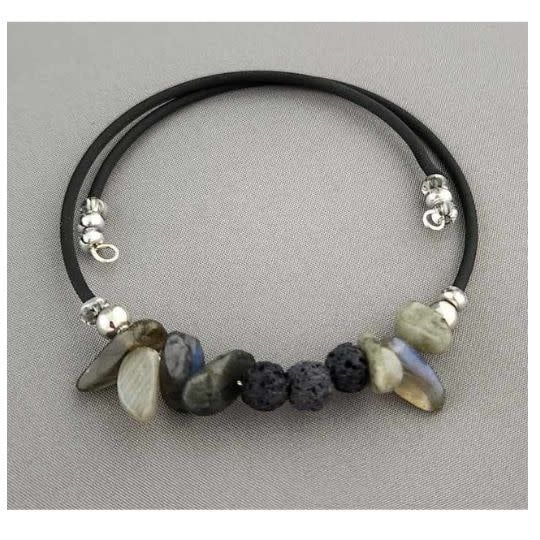 Black Lava Bead Wrap Bracelet with Labradorite