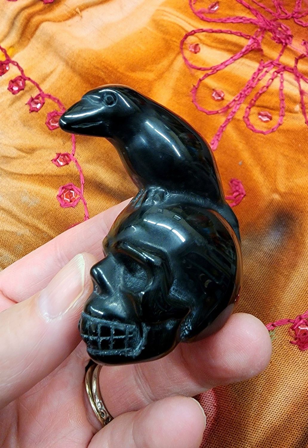 Black Obsidian Raven on Skull
