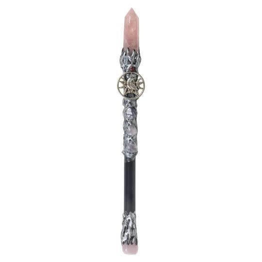 Magick Wand with Rose Quartz Point and Raven 10&quot;