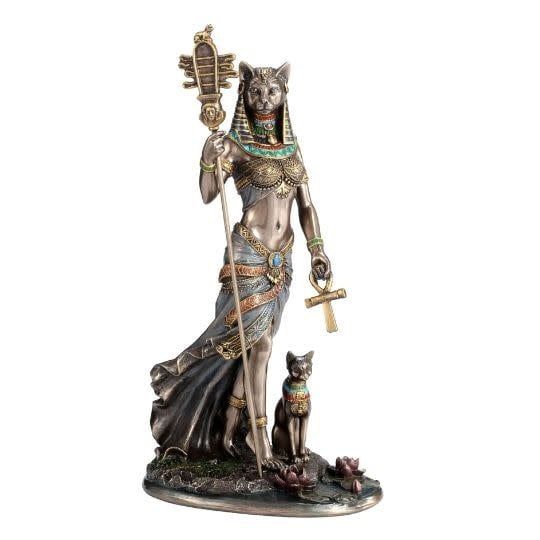 Egyptian Goddess Bastet With Sistrum &amp; Ankh Statue 10.5&quot;