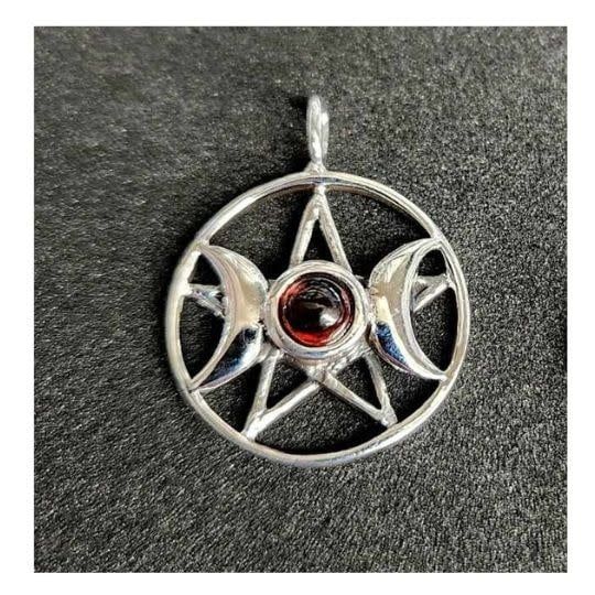 Triple Goddess w Garnet Pendant - Sterling Silver 3/4&quot;