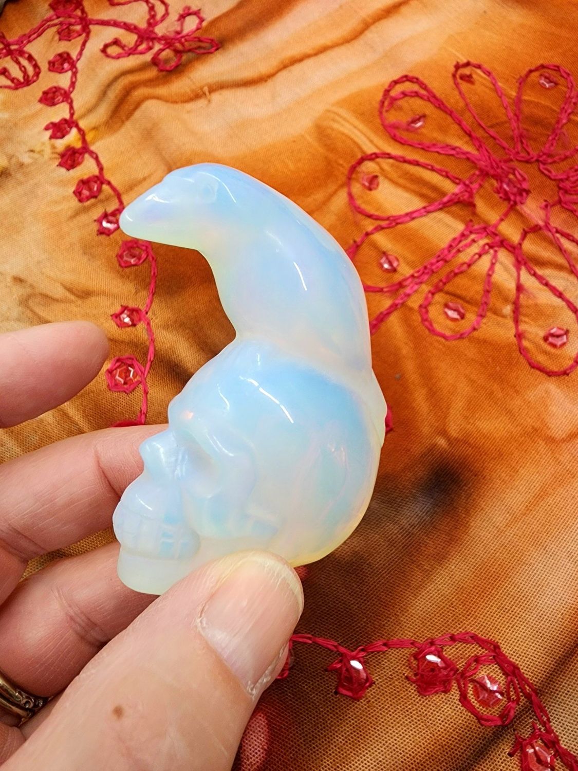 Opalite Raven on Skull Carving