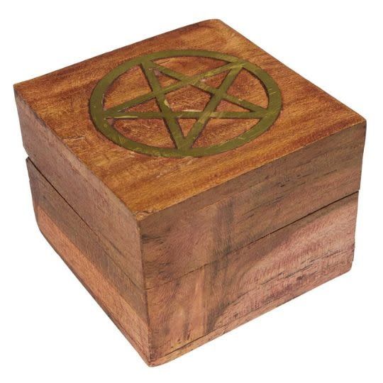 Wood Box Golden Brass Inlay - Pentacle 2.5&quot; x 2.5&quot;