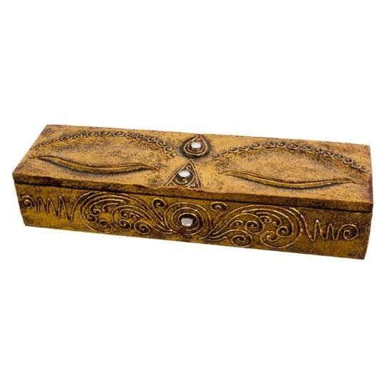 Buddha Eyes Gold &amp; Black Wood Incense Storage Box - 11.5&quot;