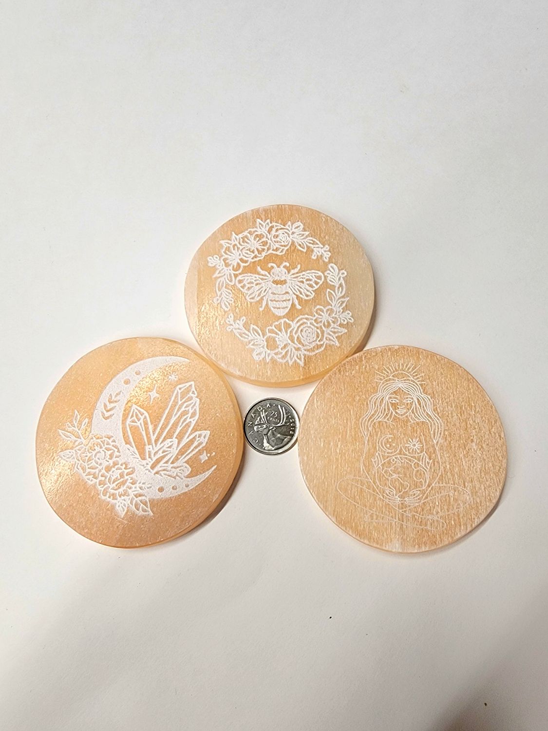 Peach Selenite Round Charging Plates Assorted 3.5&quot;