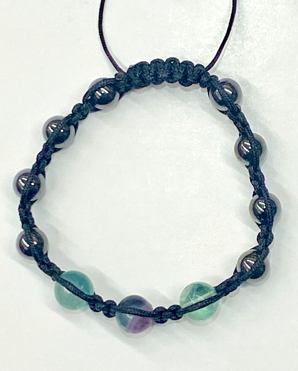 Adjustable Bracelet with 8mm Magnetic Hematite and Rainbow Fluorite