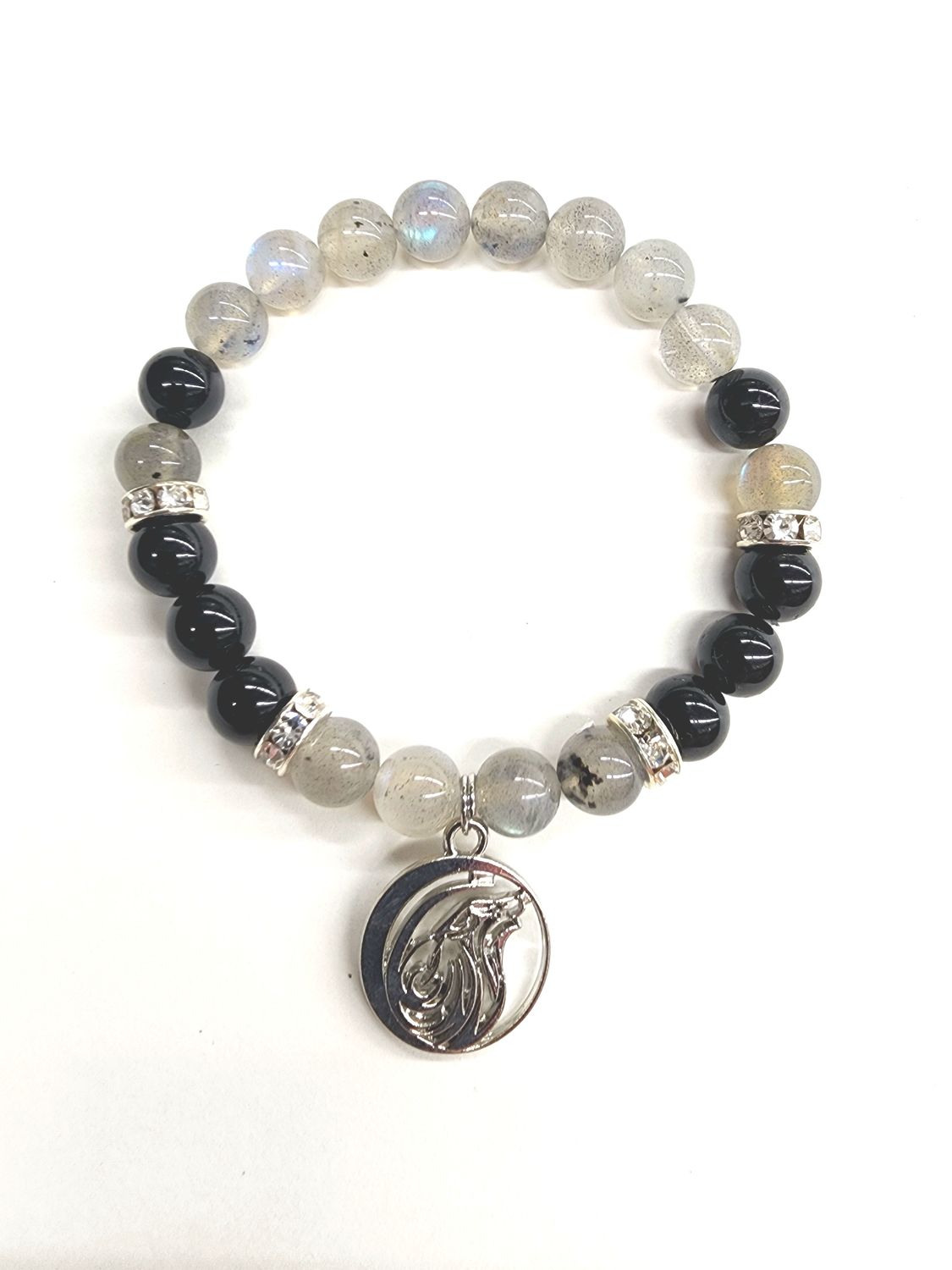 Tourmaline Labradorite 8mm Wolf Charm Bracelet