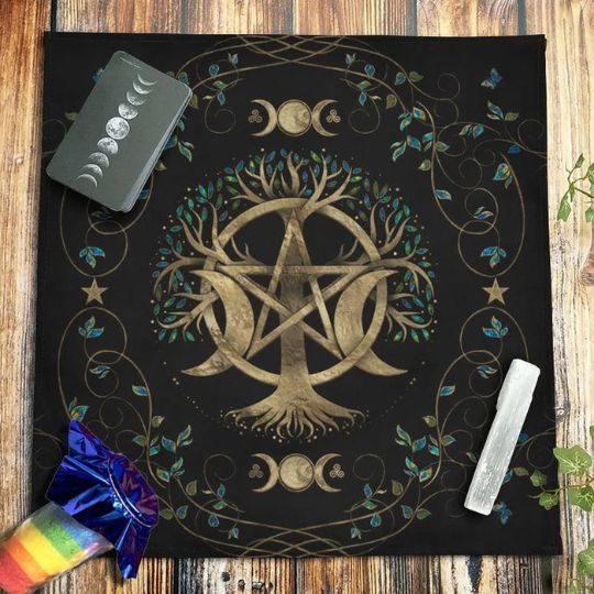 Tarot / Altar Cloth: Tree Triple Moon Pentacle