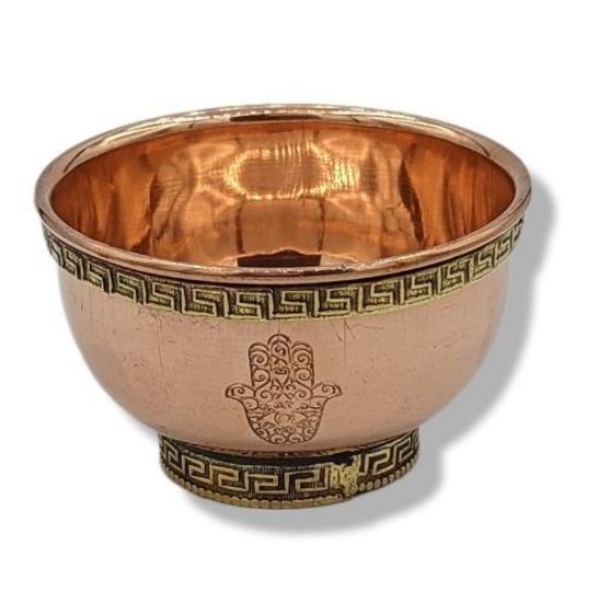 Tibetan Copper Bowl: Hamsa Hand / Fatima 3&quot; Diam