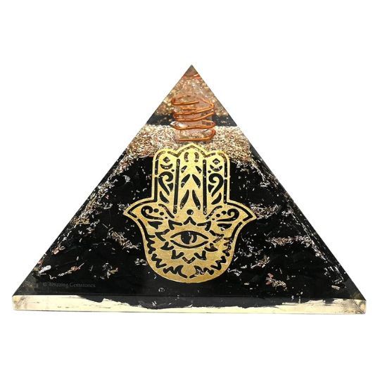 Black Tourmaline Orgonite Pyramid with Hamsa 3 x 3 x 2.25&quot;
