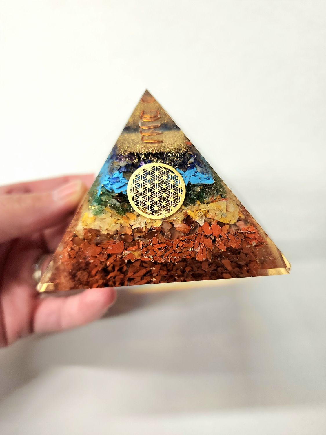 Chakra Orgonite Pyramid w Copper - 3 x 3 x 2.5&quot;