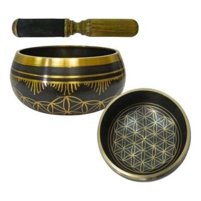 Black Flower of Life 4&quot; Singing Bowl - Note E - Solar Plexus Chakra