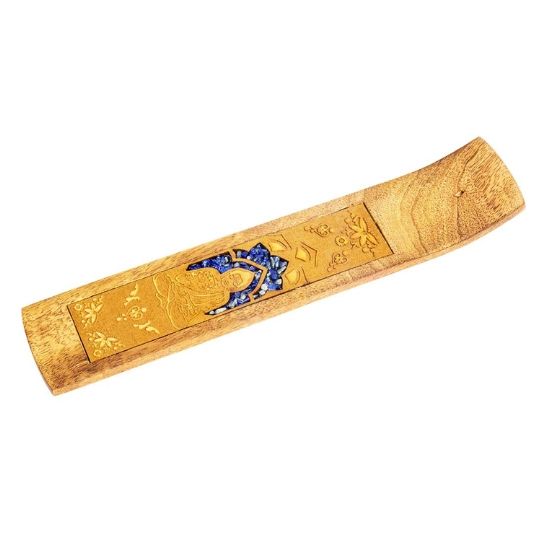 Wood Incense Holder with Sodalite Buddha Inlay 10&quot;