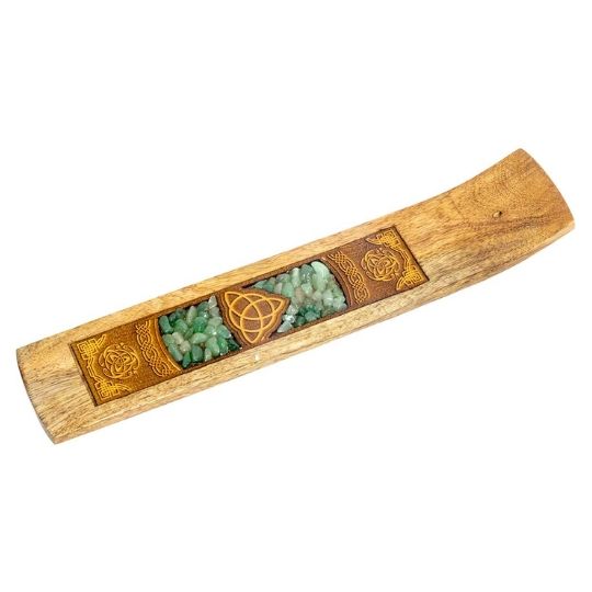 Wood Incense Holder with Etched Celtic Triquetra Aventurine Inlay 10&quot;