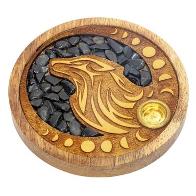 Wood Round Cone Incense Holder:  Wolf Onyx Inlay