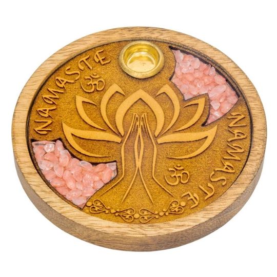 Wood Round Cone Incense Holder:  Namaste Rose Quartz Inlay