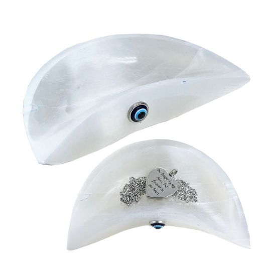 Selenite Half Moon Bowl with Evil Eye 4&quot;