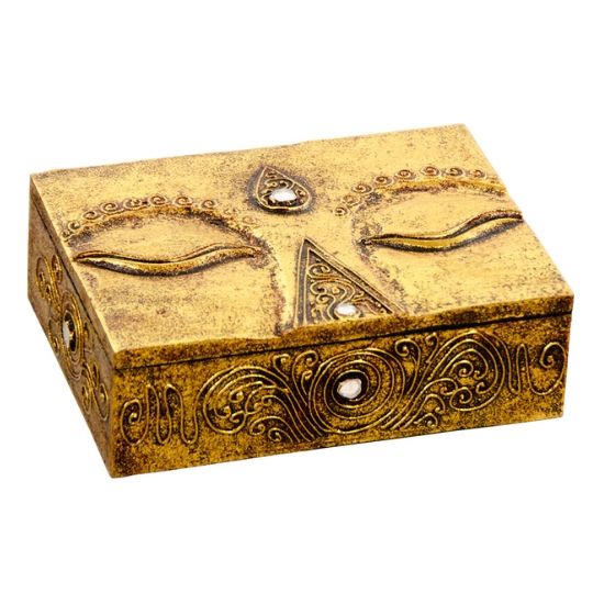 Wooden Buddha Eyes Box Golden 5&quot; x 7&quot;