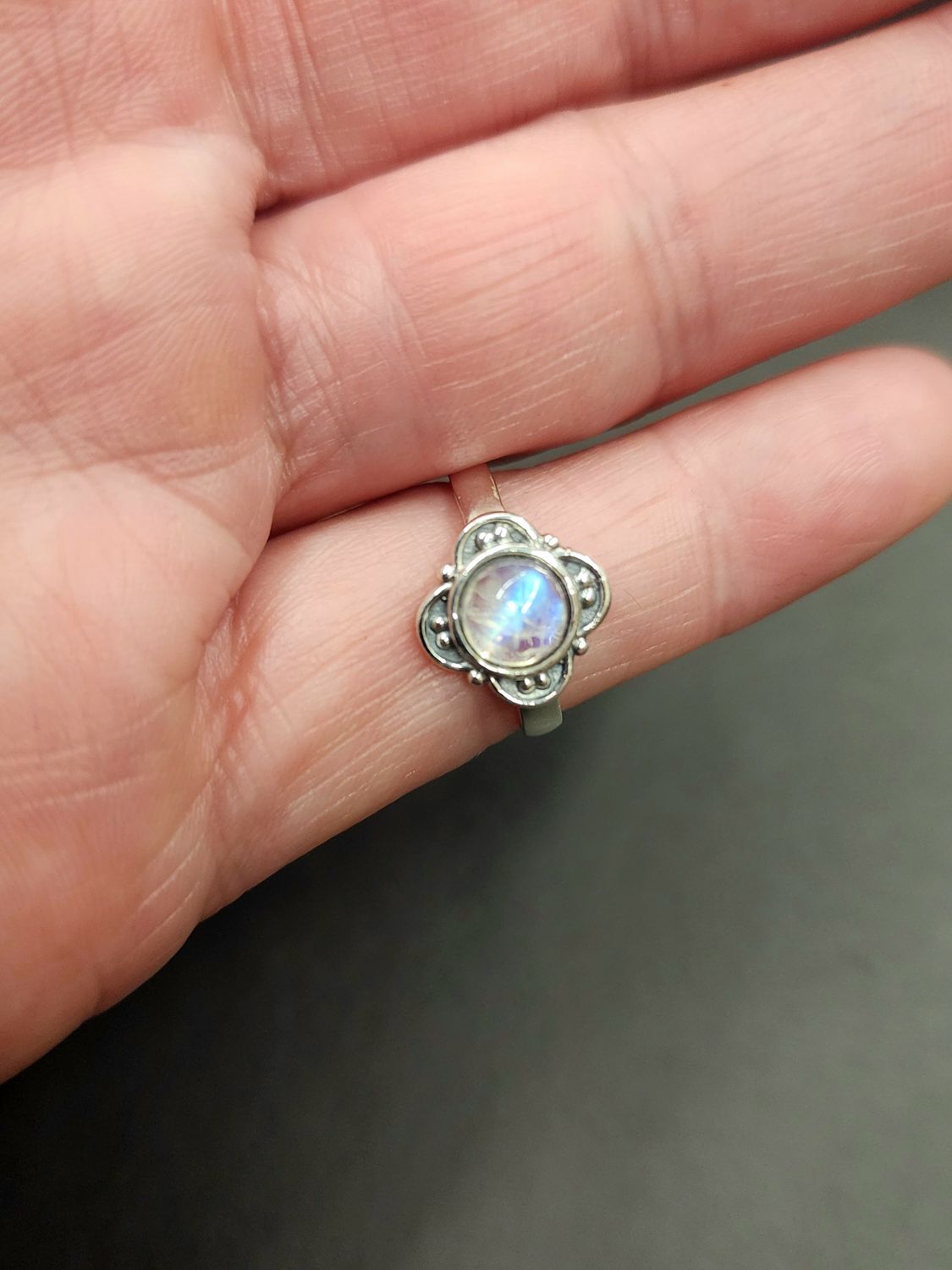 Rainbow Moonstone Ring A - Size 5 Sterling Silver