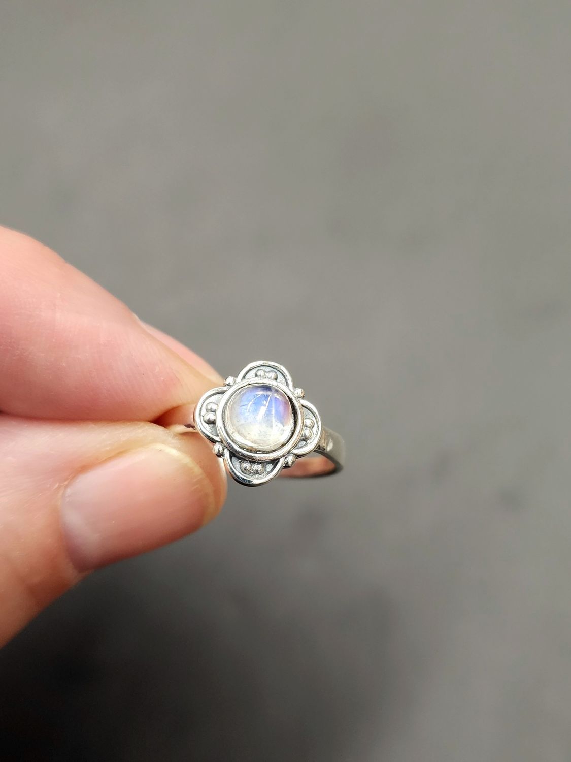 Rainbow Moonstone Ring D - Size 6 Sterling Silver