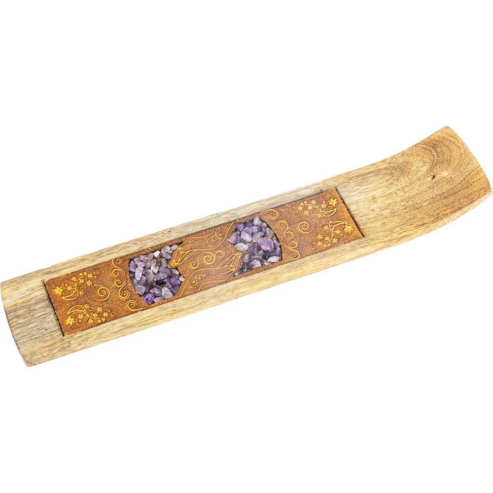 Wood Incense Holder with Etched Amethyst Inlay 10&quot;