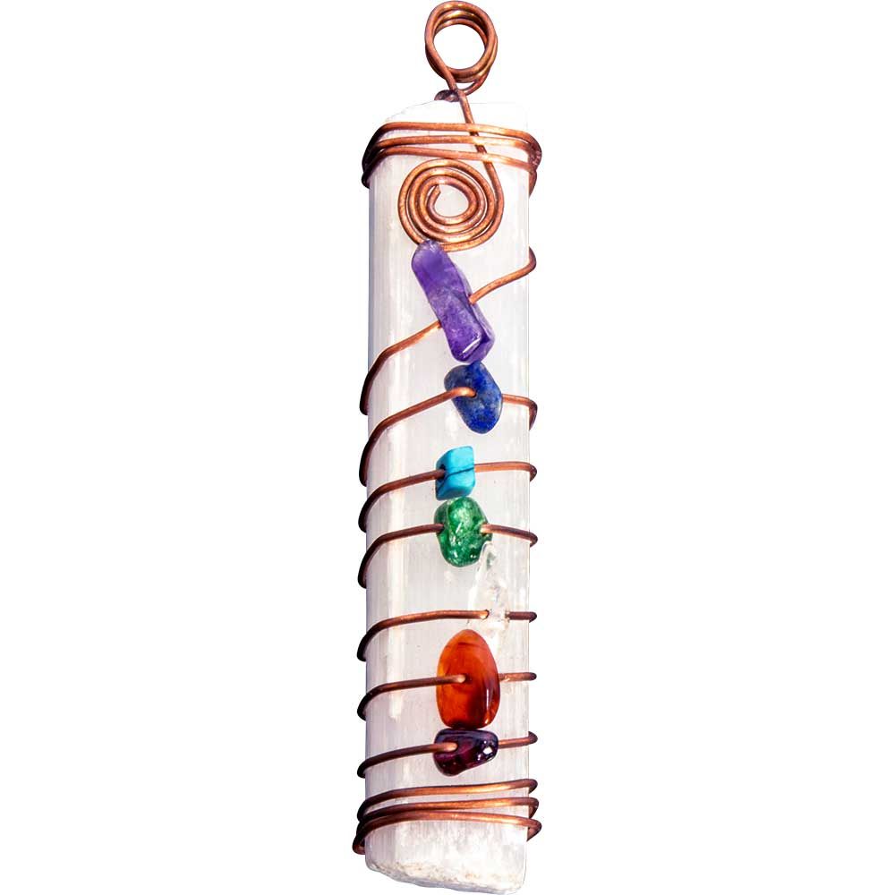Rainbow Moonstone Wrapped Pendant w Chakra Chips