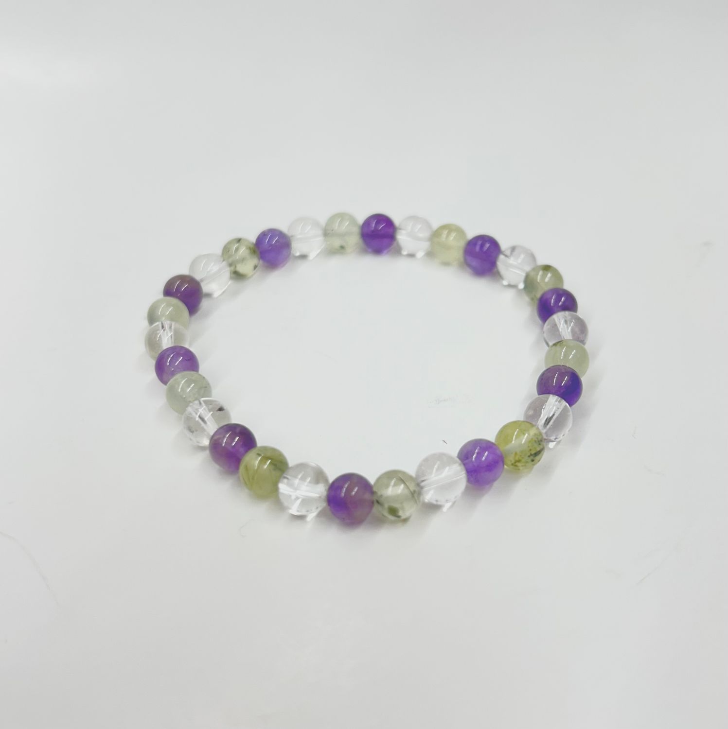 Amethyst, Prehnite, and Clear Quartz 6MM Bracelet