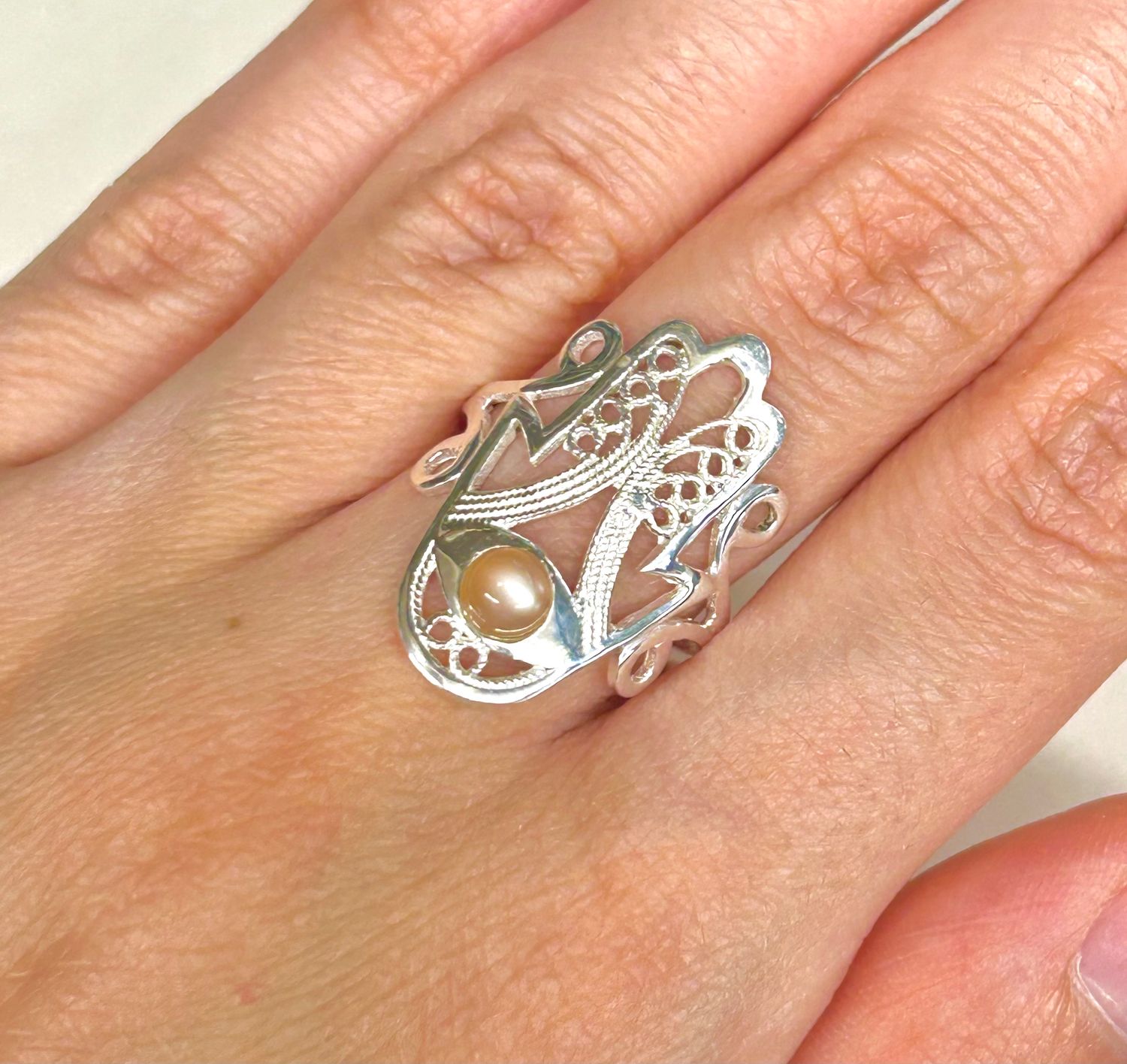 Hamsa/Fatima Peach Moonstone Ring Size 5