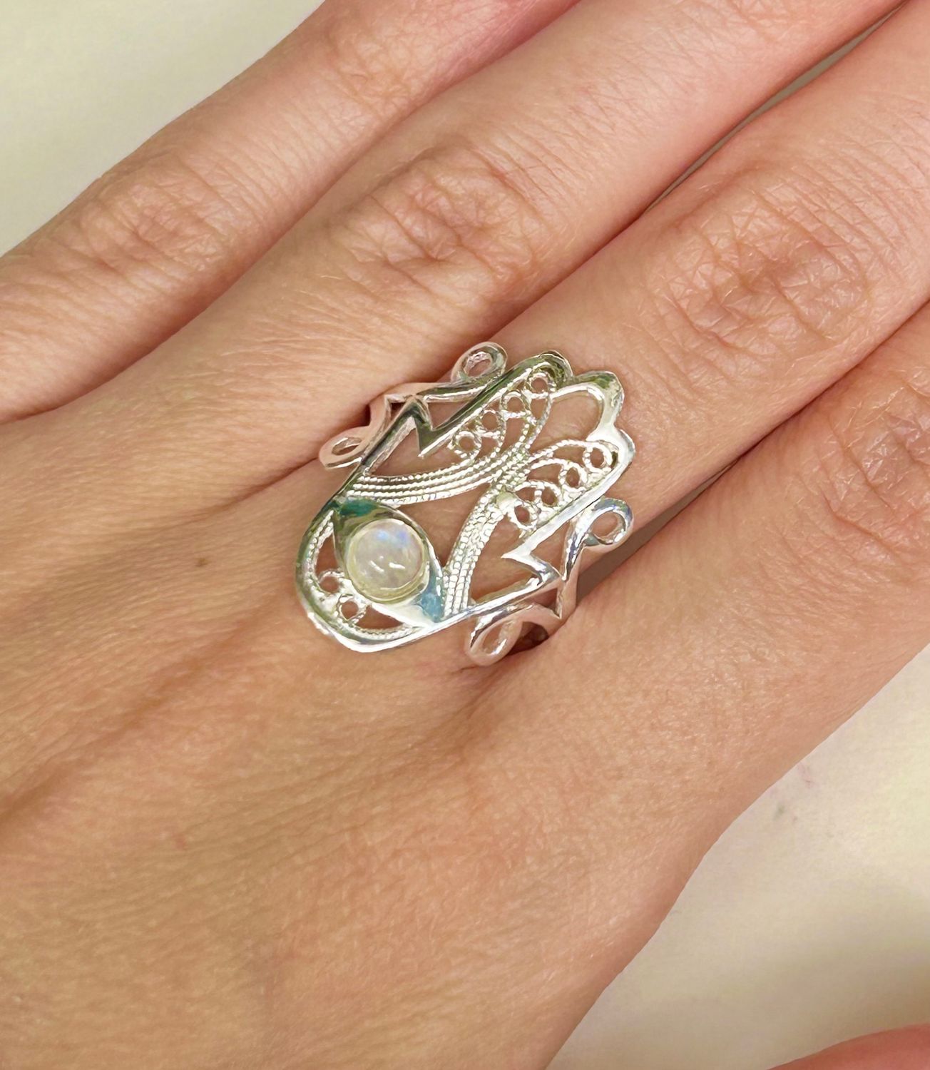 Hamsa/Fatima Rainbow Moonstone Ring Size 10