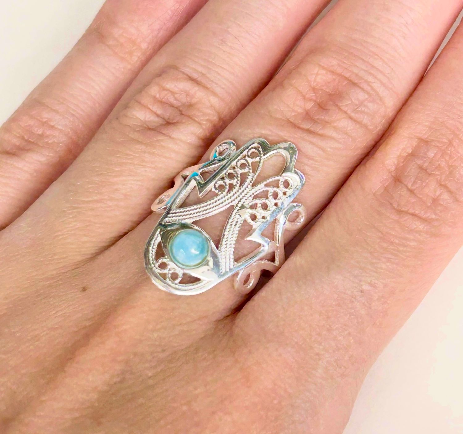 Hamsa/Fatima Larimar Ring Size 10