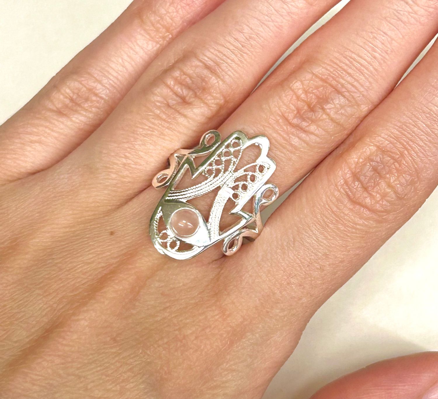 Hamsa/Fatima Rose Quartz Ring Size 9