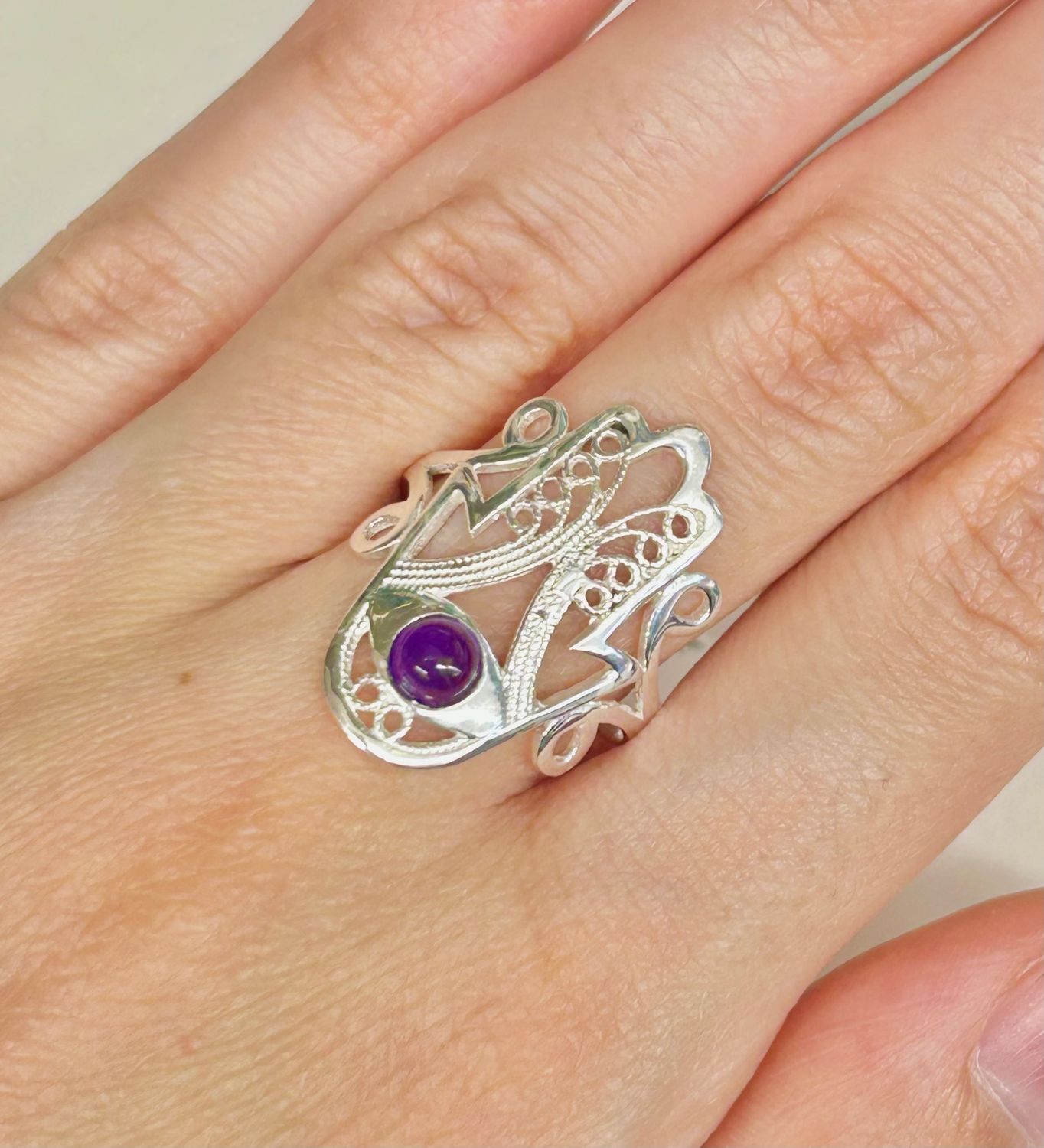 Hamsa/Fatima Amethyst Ring Size 8