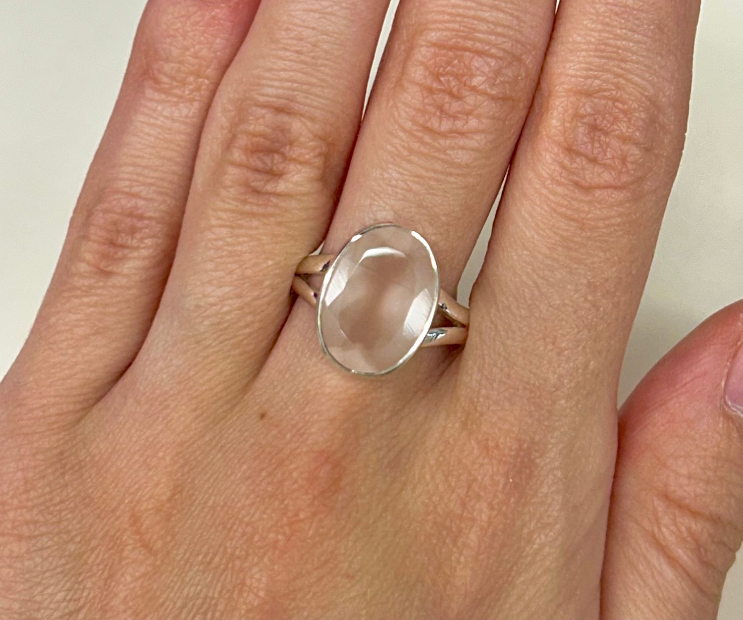 Rose Quartz Faceted Ring - Size 9 Sterling Silver