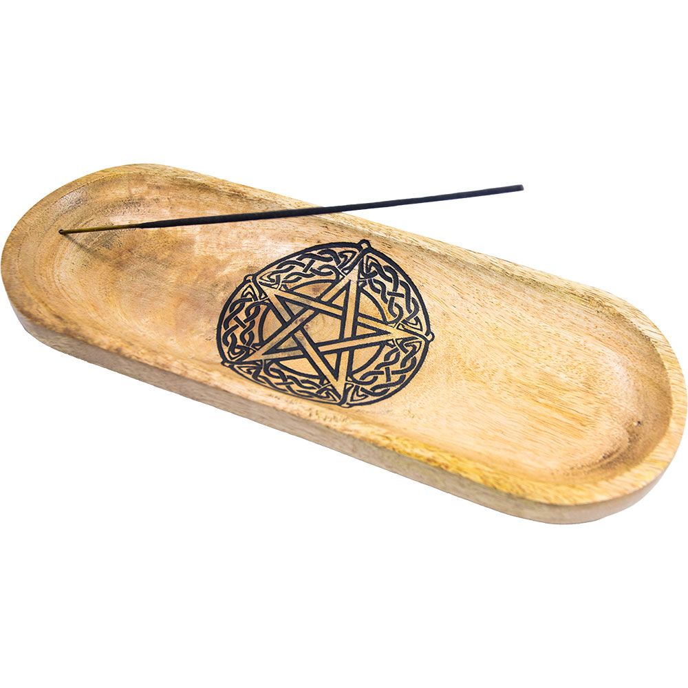 Oval Wood Incense Holder Engraved Pentacle