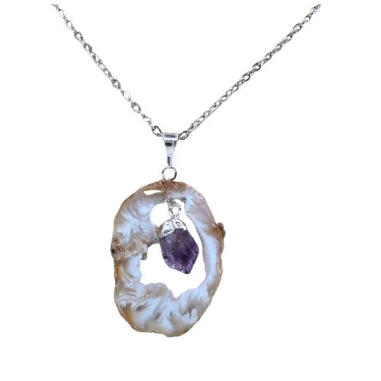 Agate Geode Slice with Amethyst Pendant Sterling SIlver