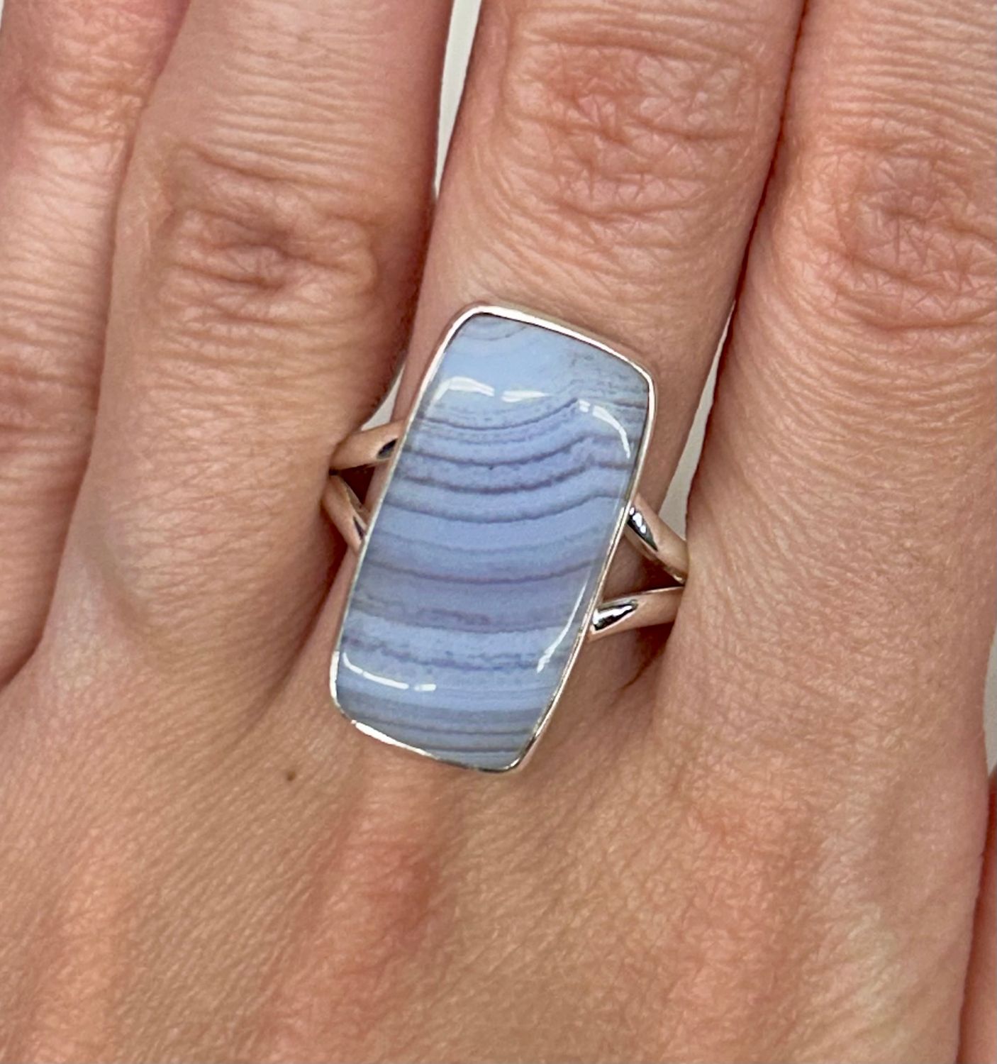 Blue Lace Agate Ring - Size 9 Sterling Silver