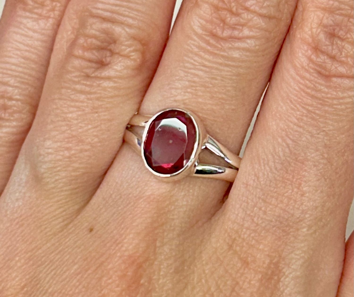 Garnet Ring Faceted - Size 9 Sterling Silver