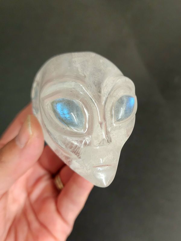 Clear Quartz Alien Skull with Labradorite Eyes 3&quot;