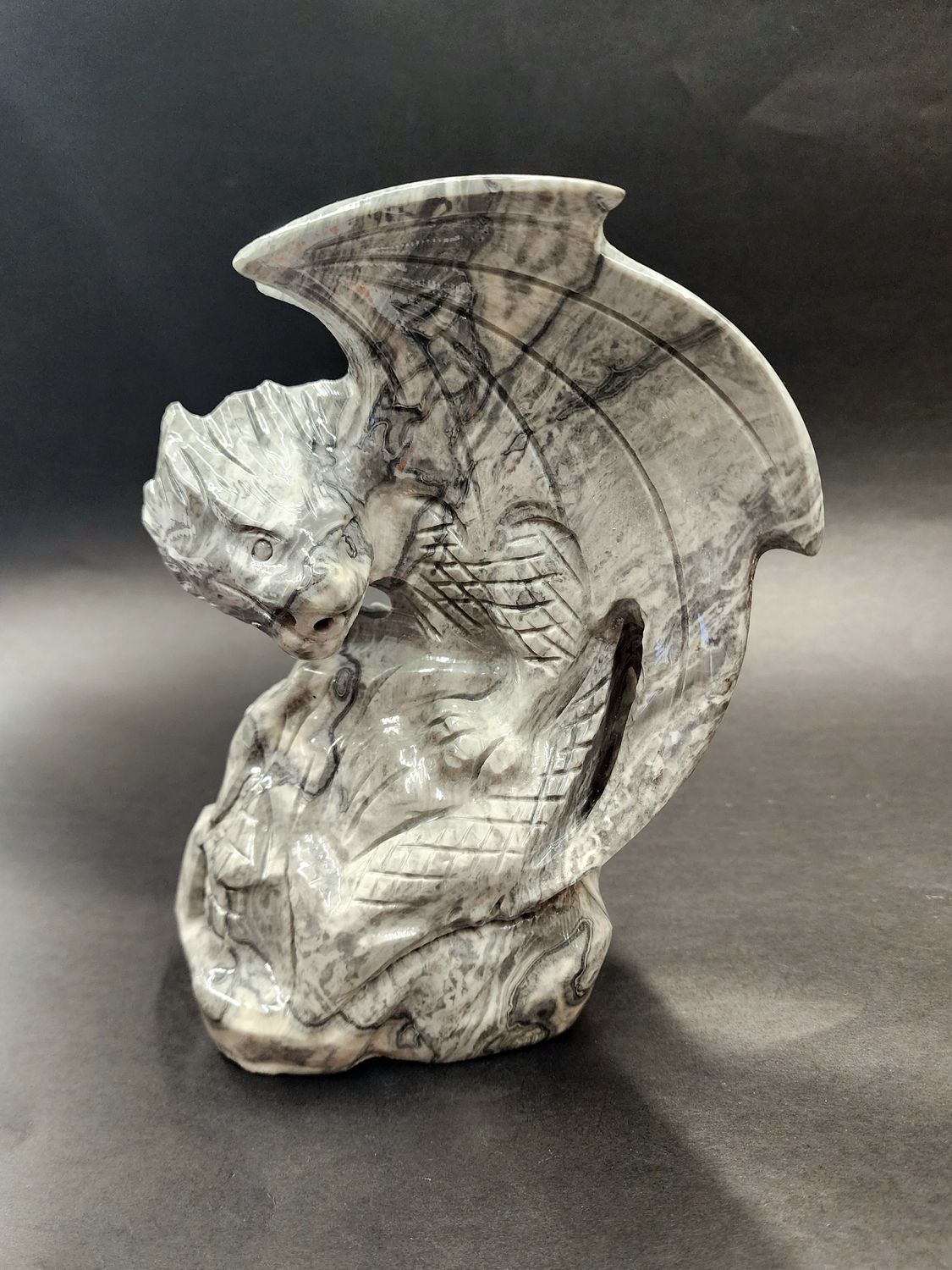 Grey Scenery Jasper Dragon Carving