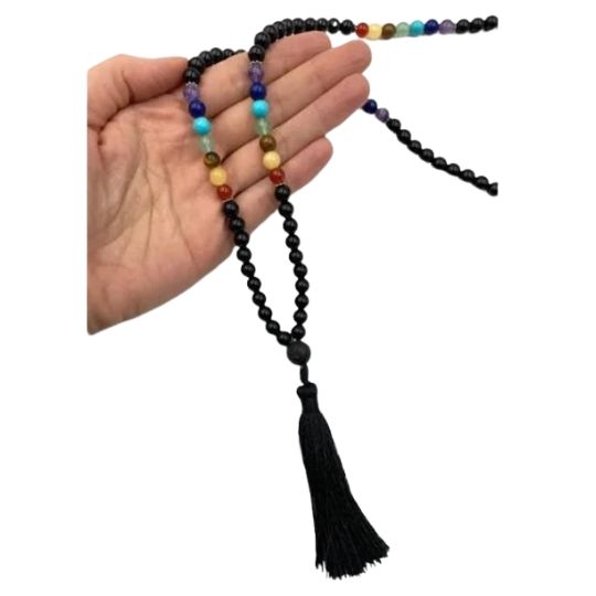 Black Obsidian &amp; Chakra 6mm Mala