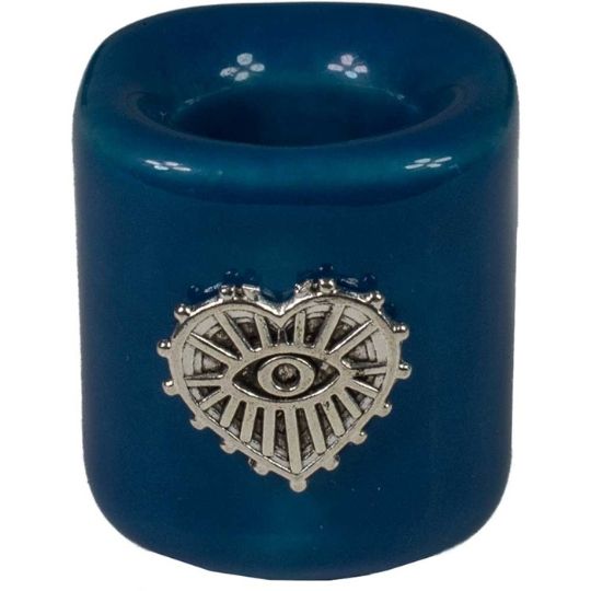 Mini Candle Holder Dark Blue w/Evil Eye &amp; Heart