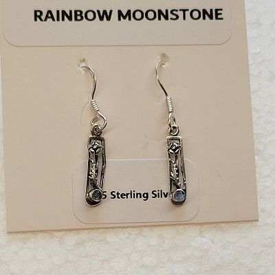 Rainbow Moonstone Sterling Silver Feather Dangle Earrings 2mm