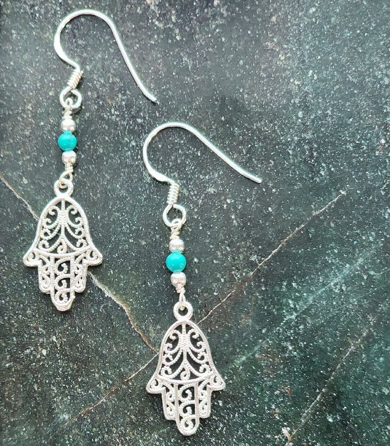 Fatima Hand Turquoise Dangle Earrings 2mm