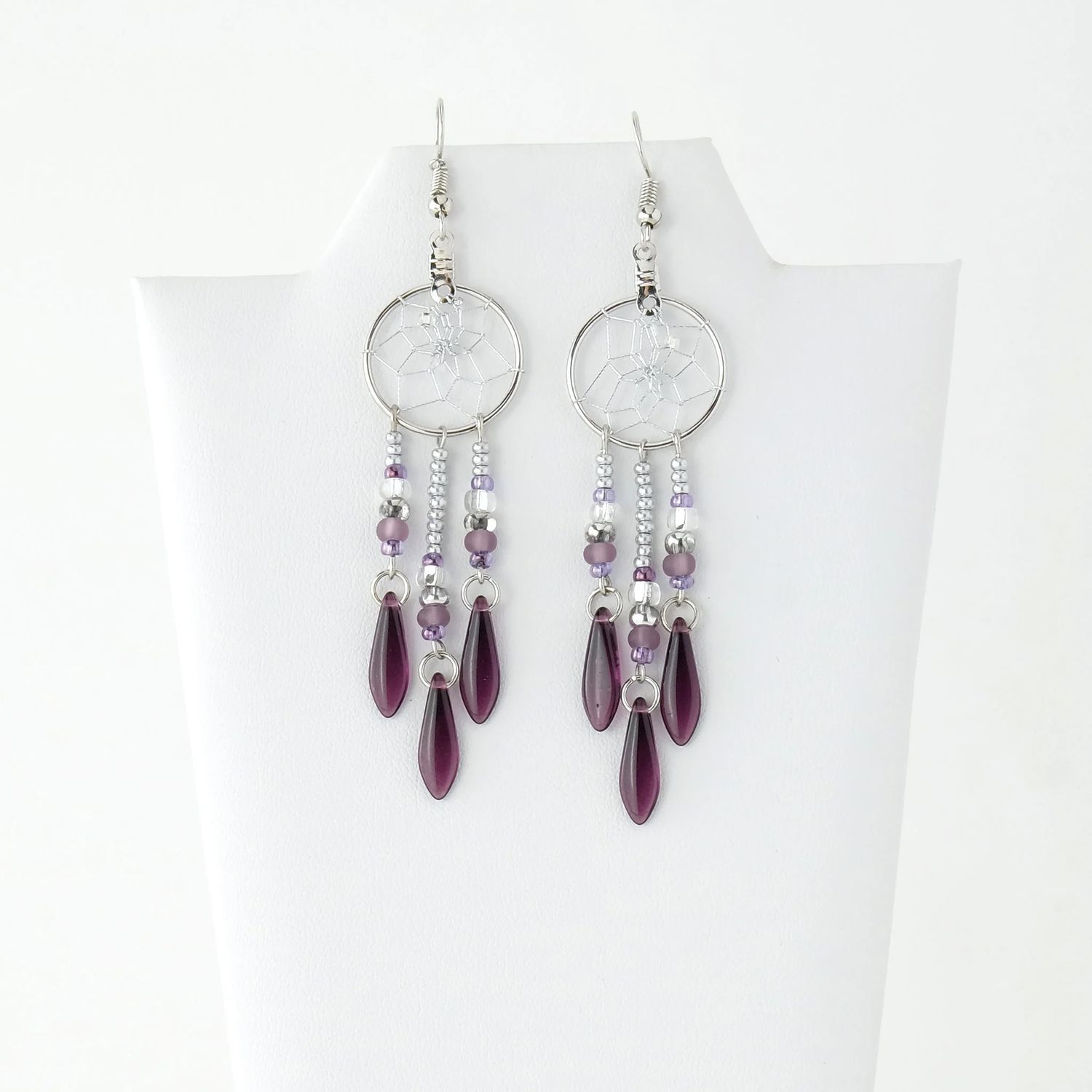 Dream Catcher Earrings with Amethyst Dangles 3/4&quot;