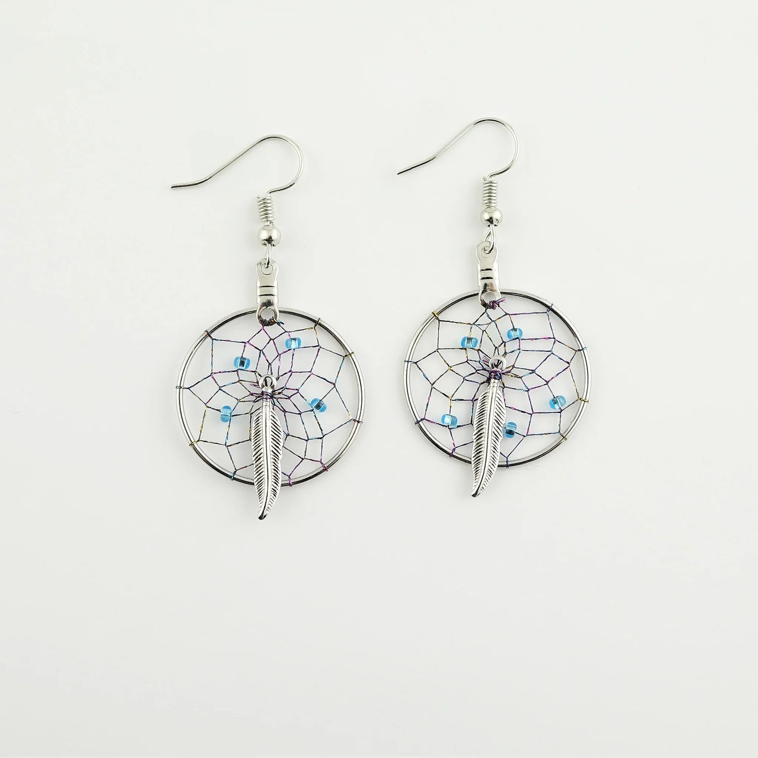 Metallic Multi-Colour Dream Catcher Earrings with Feather