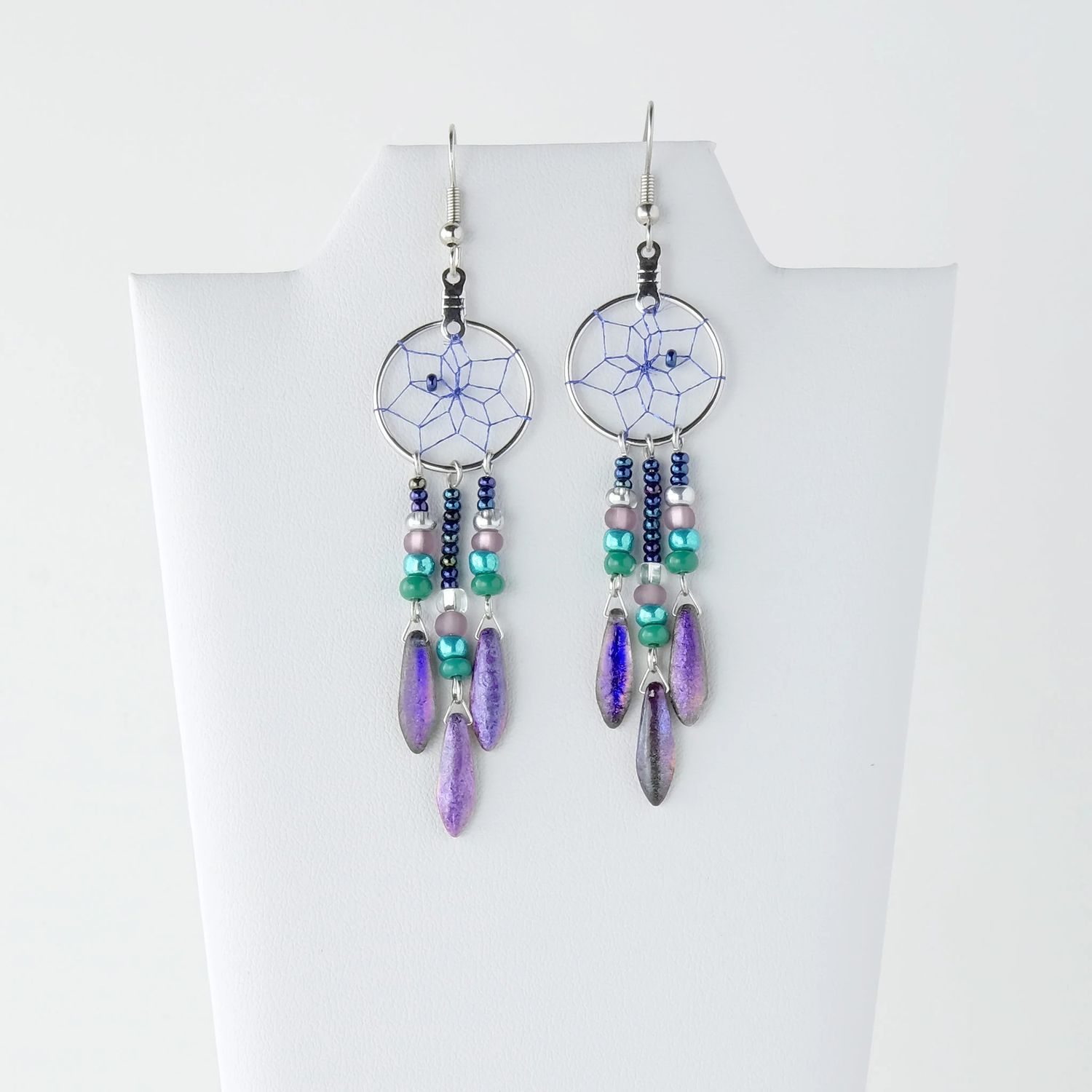 Dream Catcher Earrings with Beaded Peacock Dangle 3/4&quot;