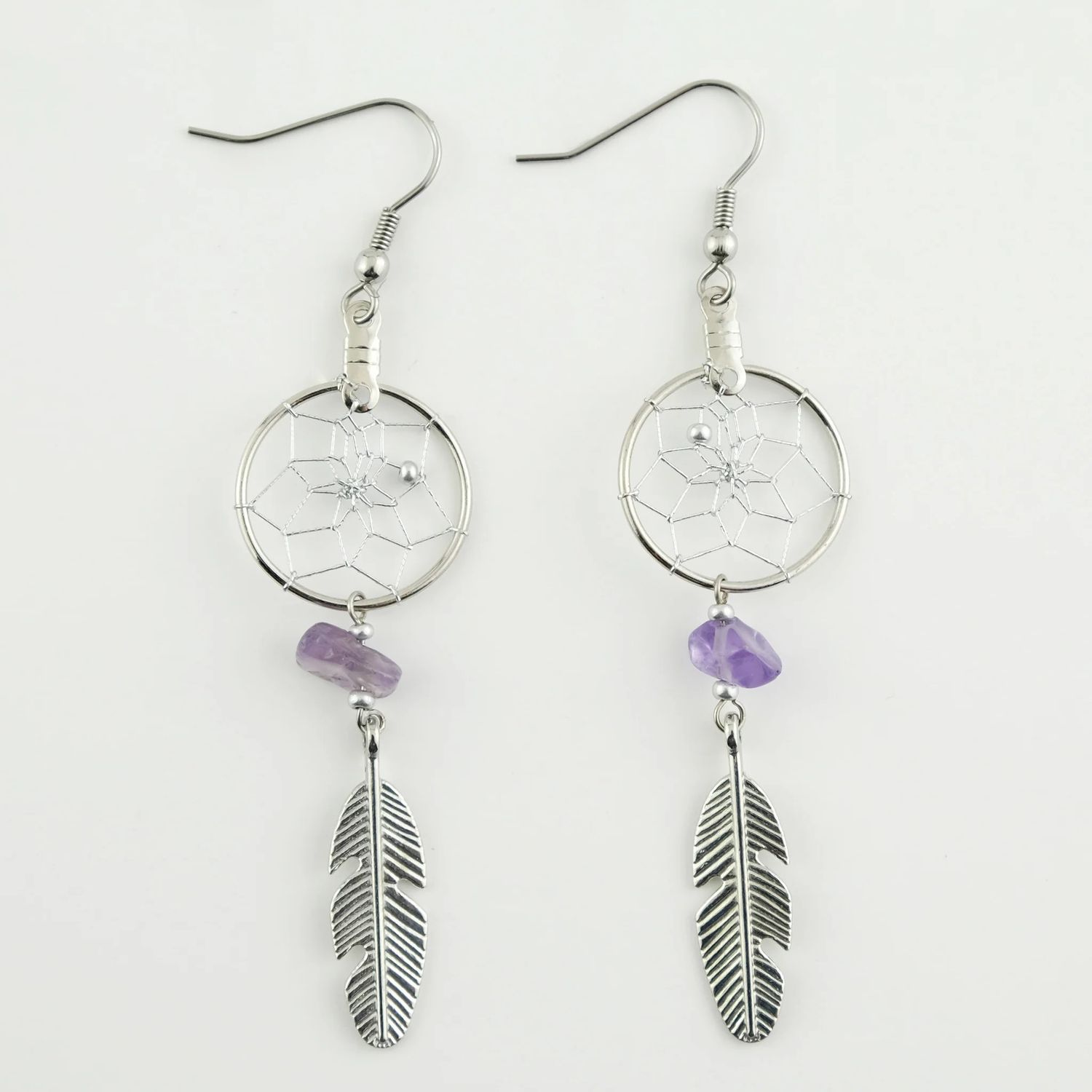 Dream Catcher Earrings - Feather &amp; Amethyst 3/4&quot;